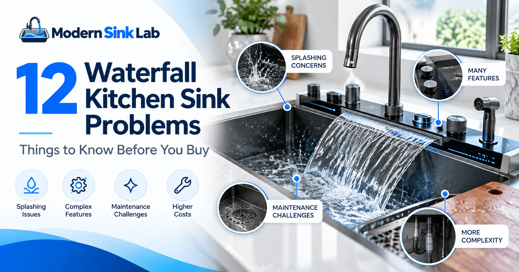 Waterfall kitchen sink with callouts for splashing, maintenance, complex features, and plumbing issues