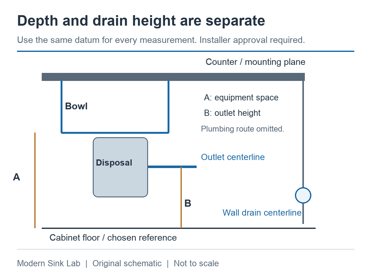 Side-view planning schematic identifies countertop height, bowl bottom, disposal outlet, wall drain and cabinet floor as separate measurements.