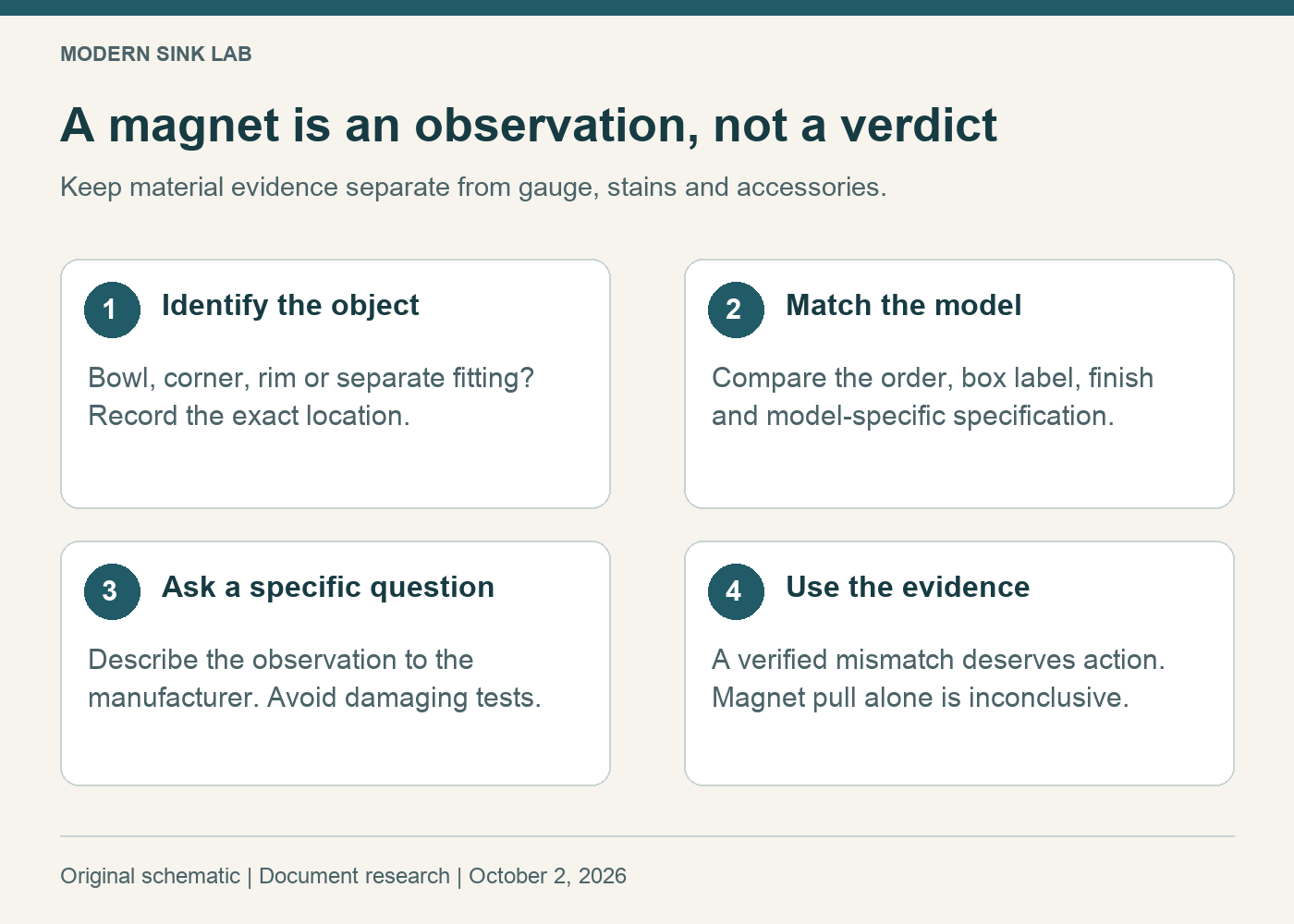 A magnet observation leads to model and document checks, not a pass or fail verdict on stainless steel quality