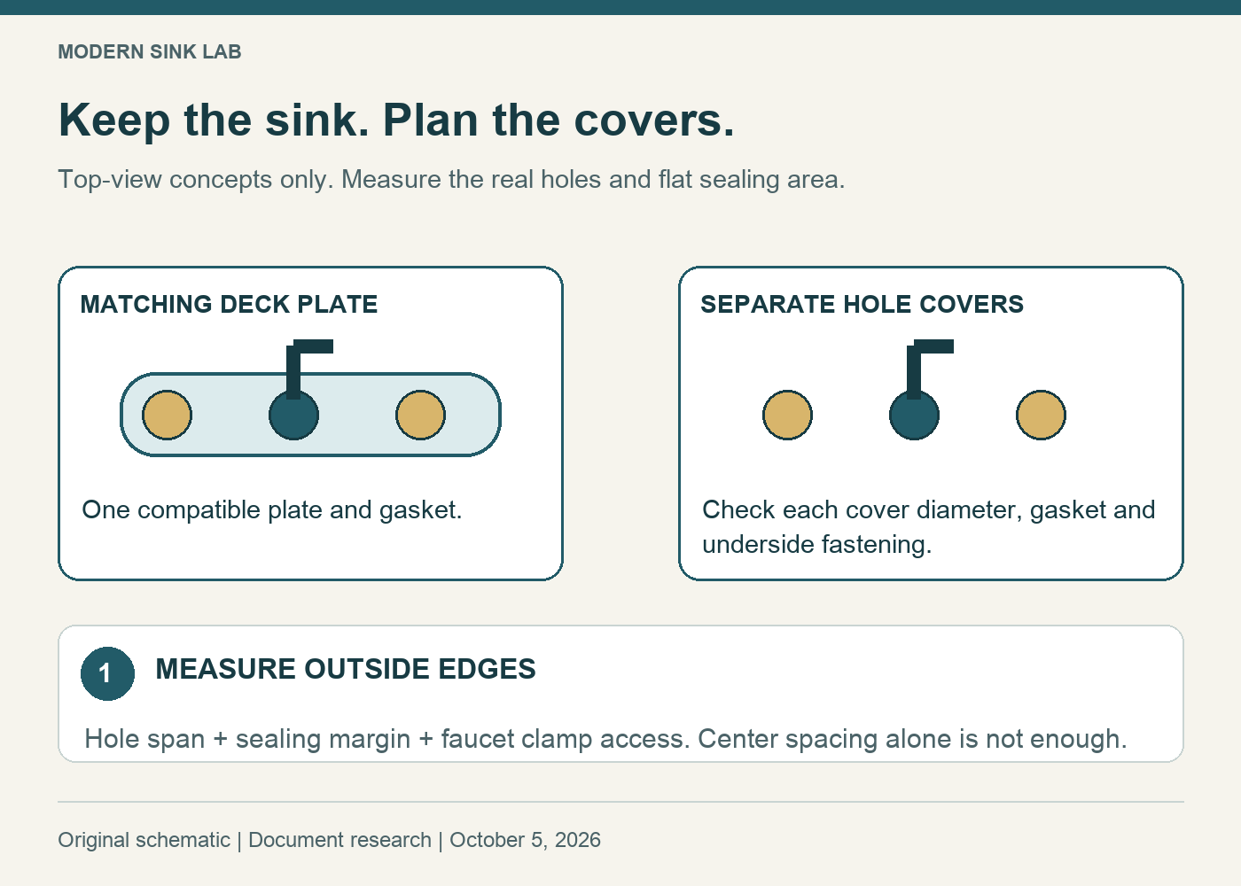 Top views compare one faucet with a deck plate over three holes against a faucet with separate side-hole covers; measure hole span and flat sealing area