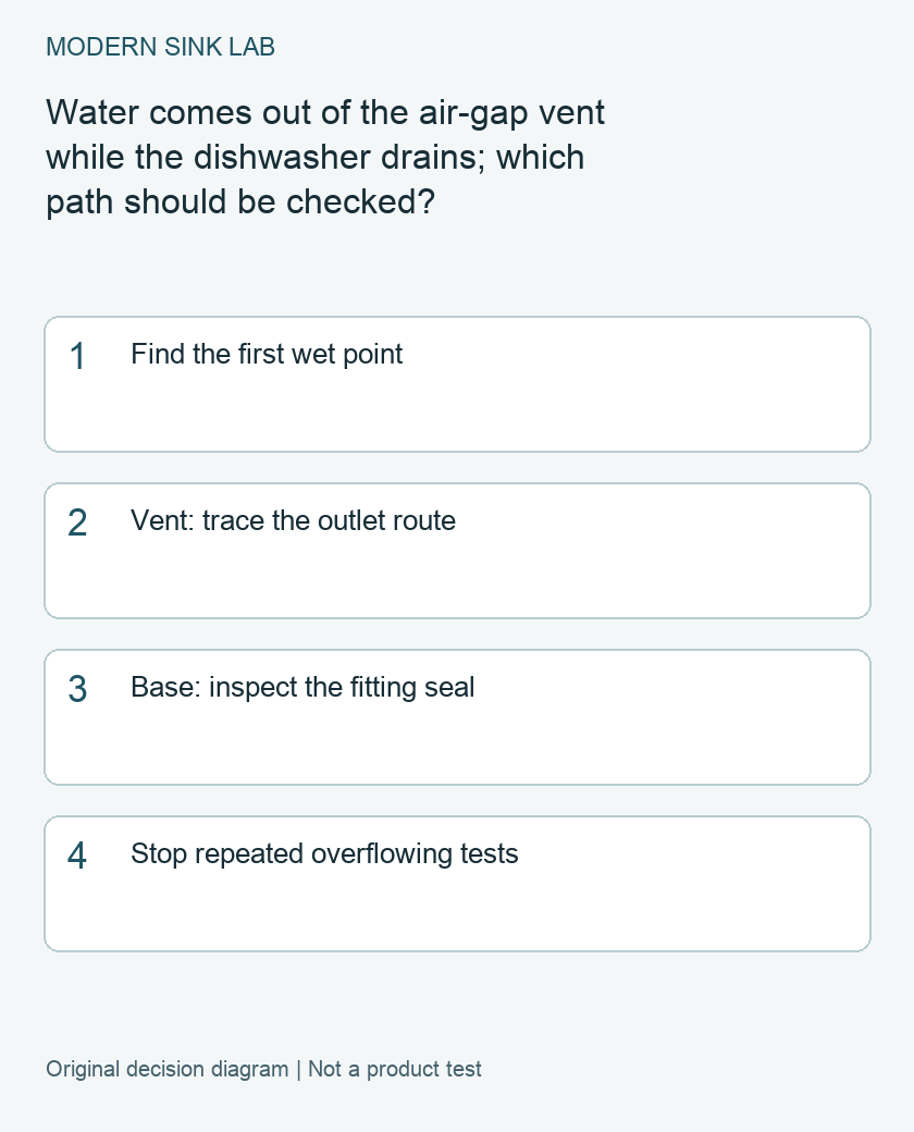 Decision guide separating air-gap vent discharge, a wet mounting base and a shared sink-drain restriction.