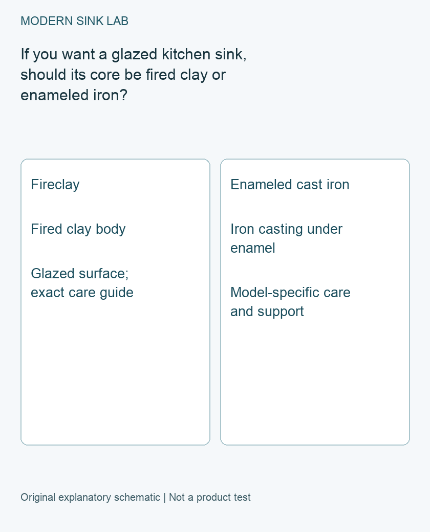 Material cross-section concept: glazed fired-clay body compared with enamel over an iron casting; schematic, not a thickness or impact comparison.